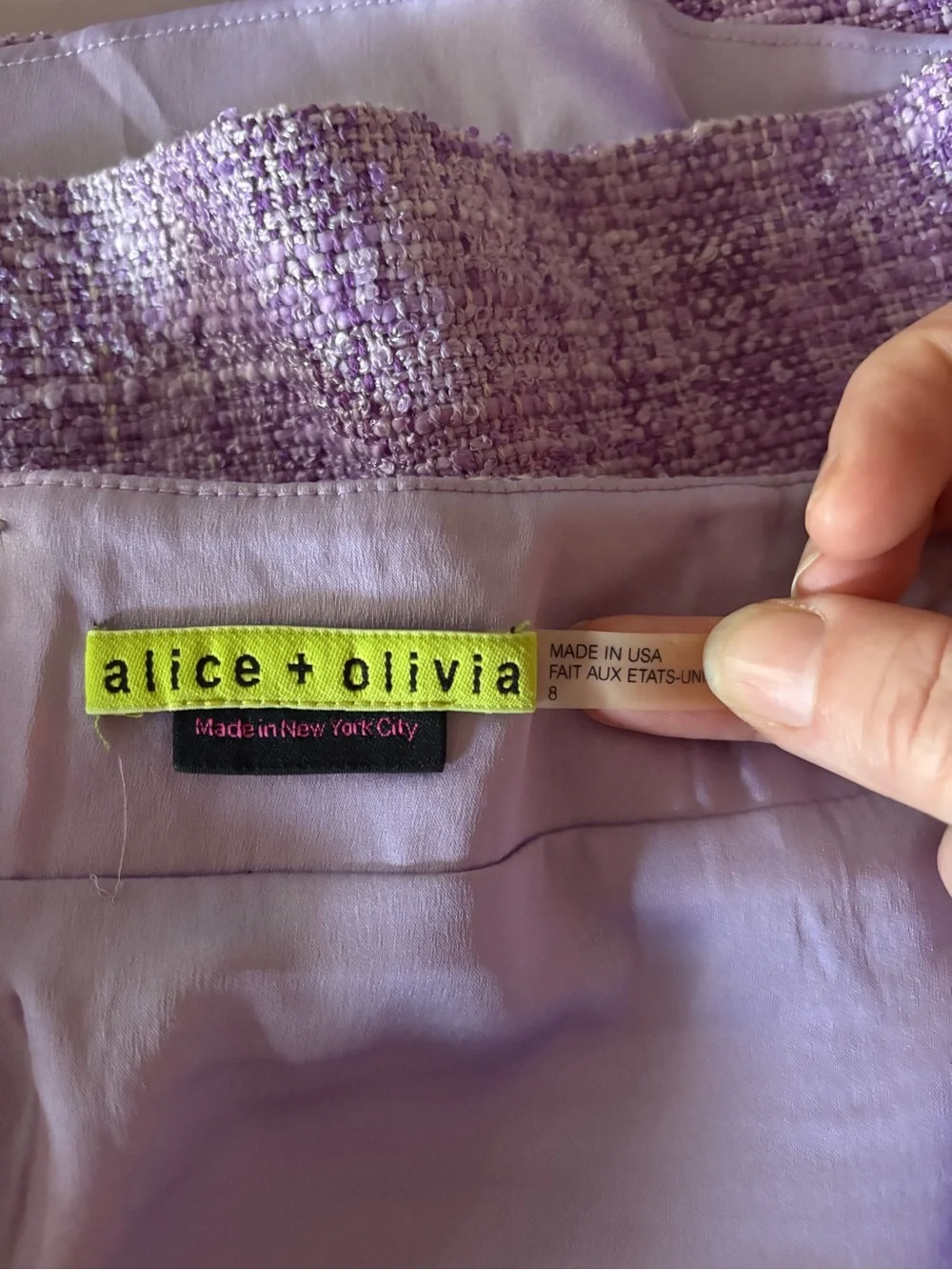Alice + Olivia Lavender Tweed Purple Woven Gianna Mini Skirt Size 8 Back Zip